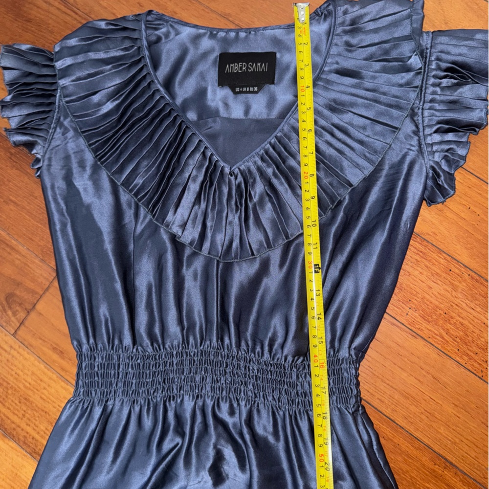 Amber Sakai Blue Satin Dress size 4 U.S. pleated - Picture 7 of 13